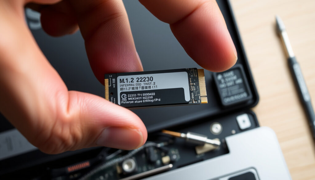 Pienikokoinen M.2 2230 -muotoinen sisäinen NVMe-SSD sormien välissä kannettavan huoltoluukun yllä, tarkkuusruuvimeisseli vierellä.
