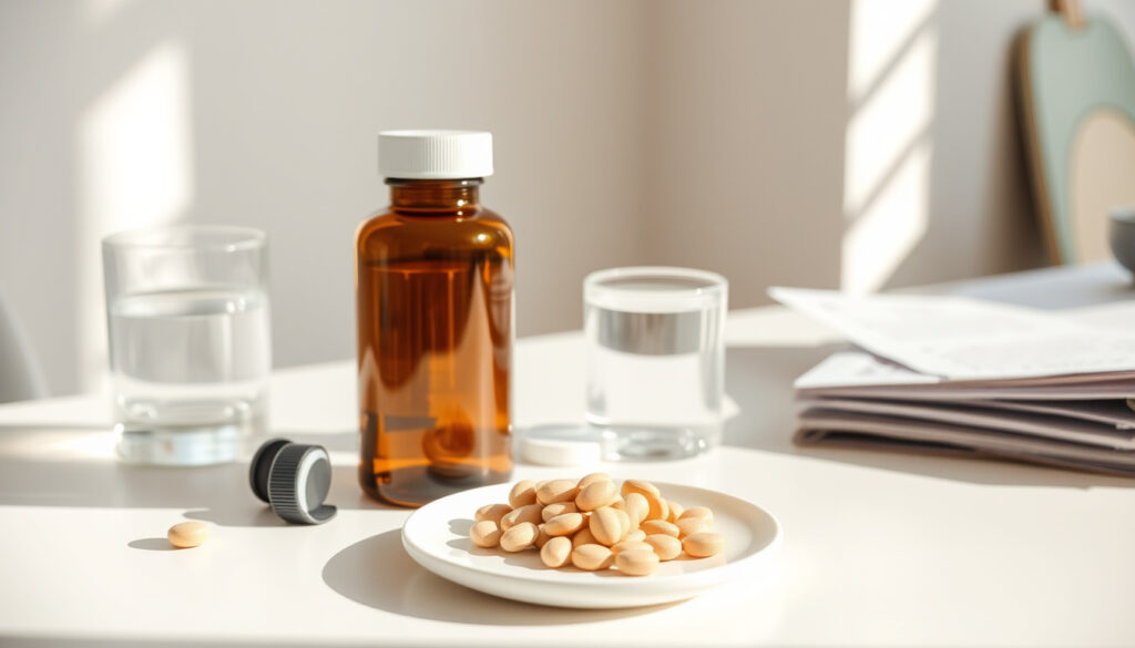 Apteekin hyllylle asetellut B12-vitamiinipullot avattuina, tabletit pienessä kourassa keittiöpöydän valossa.
