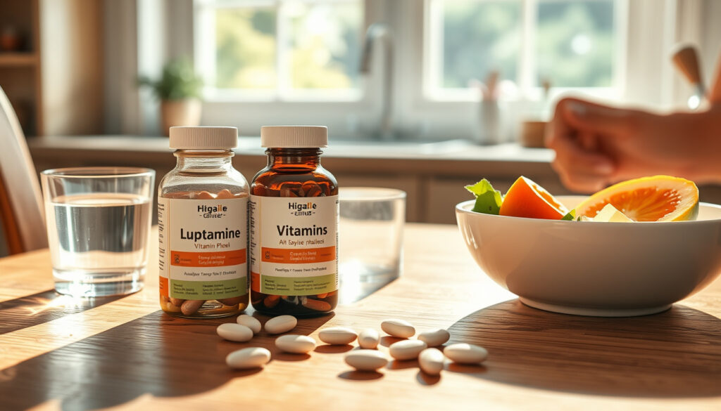 Kaksi merkkitöntä B12-vitamiinipulloa ja irtotabletteja aamiaispöydällä lasin veden kanssa; yhtä tablettia pidetään sormien välissä otettavaksi.